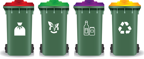 Four bins in a row front on with different coloured lids