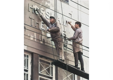 painters on scaffold repaint Horsham Theatre sign