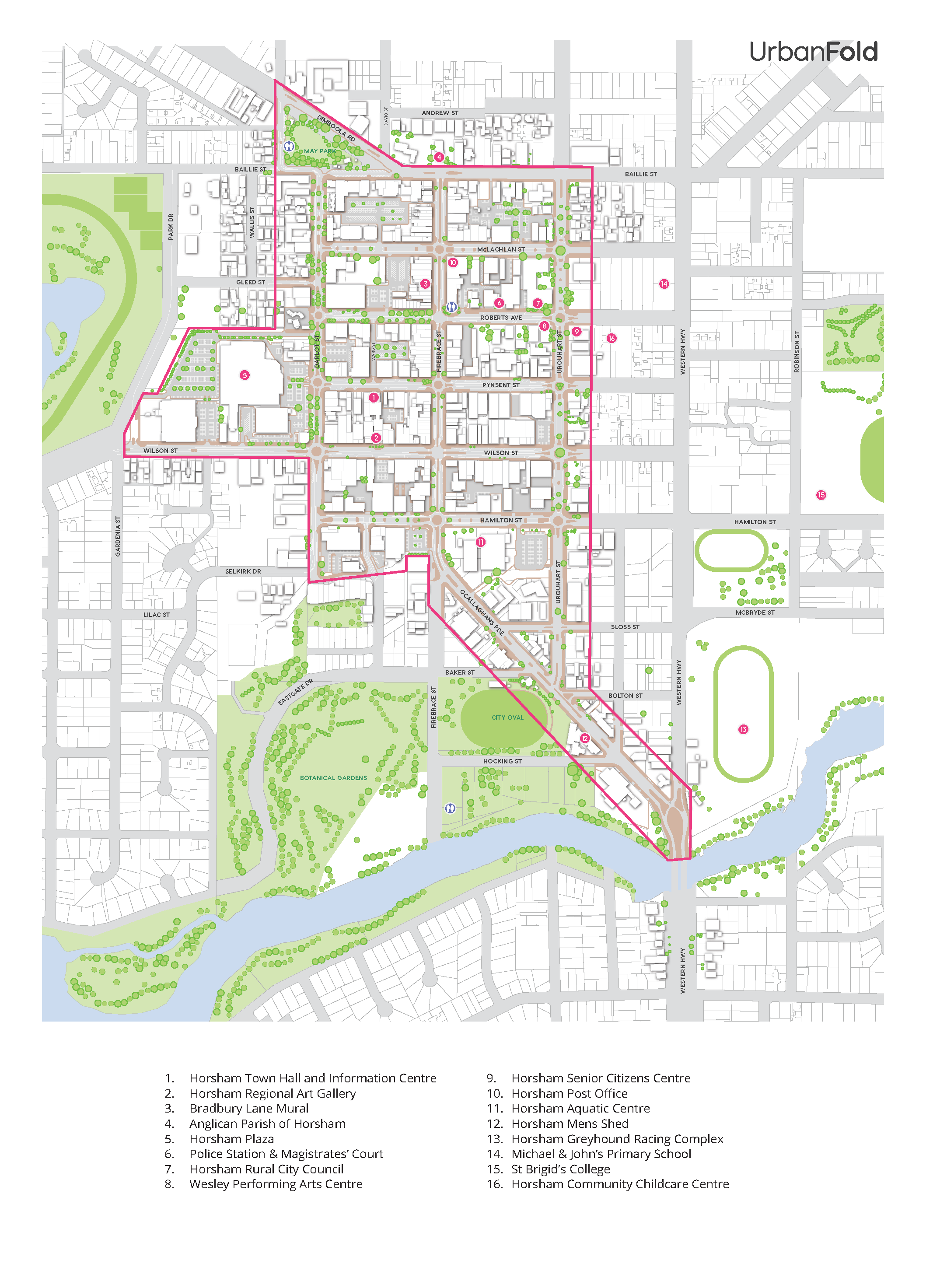 A map showing the central streets of Horsham