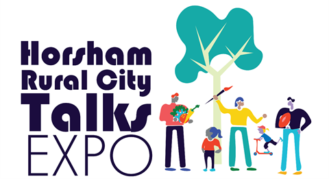 The expo logo with the words Horsham Rural City Talks with cartoon figures of people