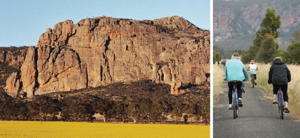 Composite image of cliff face and riders on the bike trail