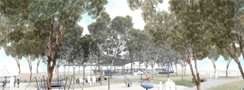 a drawing showing proposed features in the park, including accessible pathways and play equipment