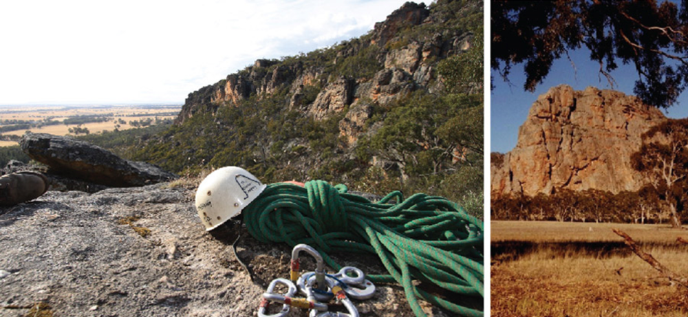 Composite image of climbing equipment laying on rock and a cliff face